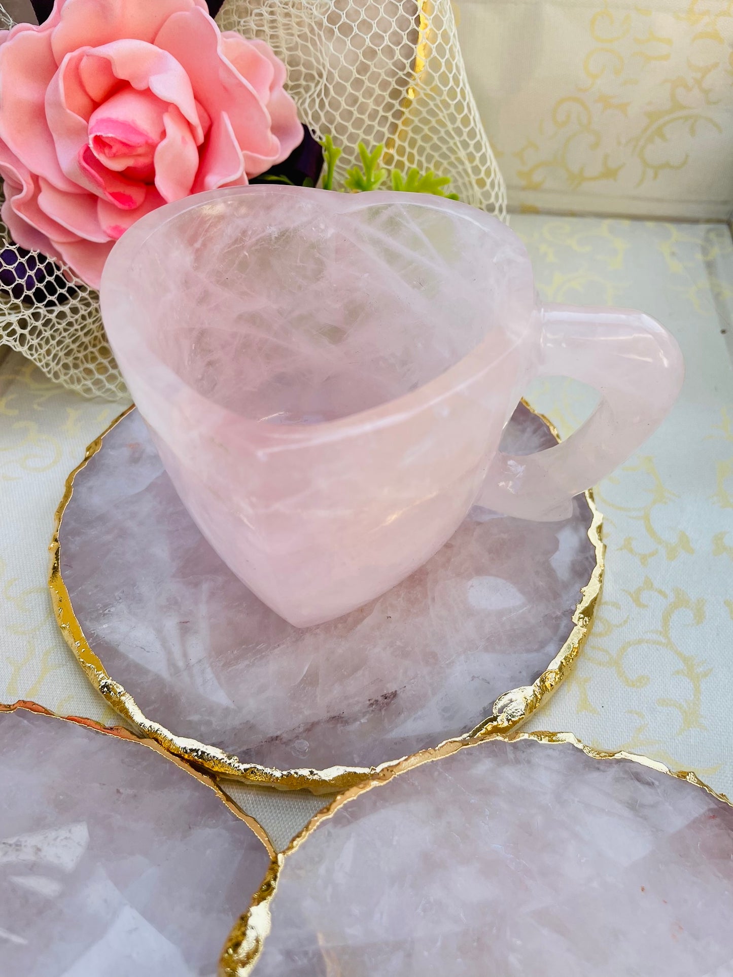 Rose quartz Heart shape cups and coasters