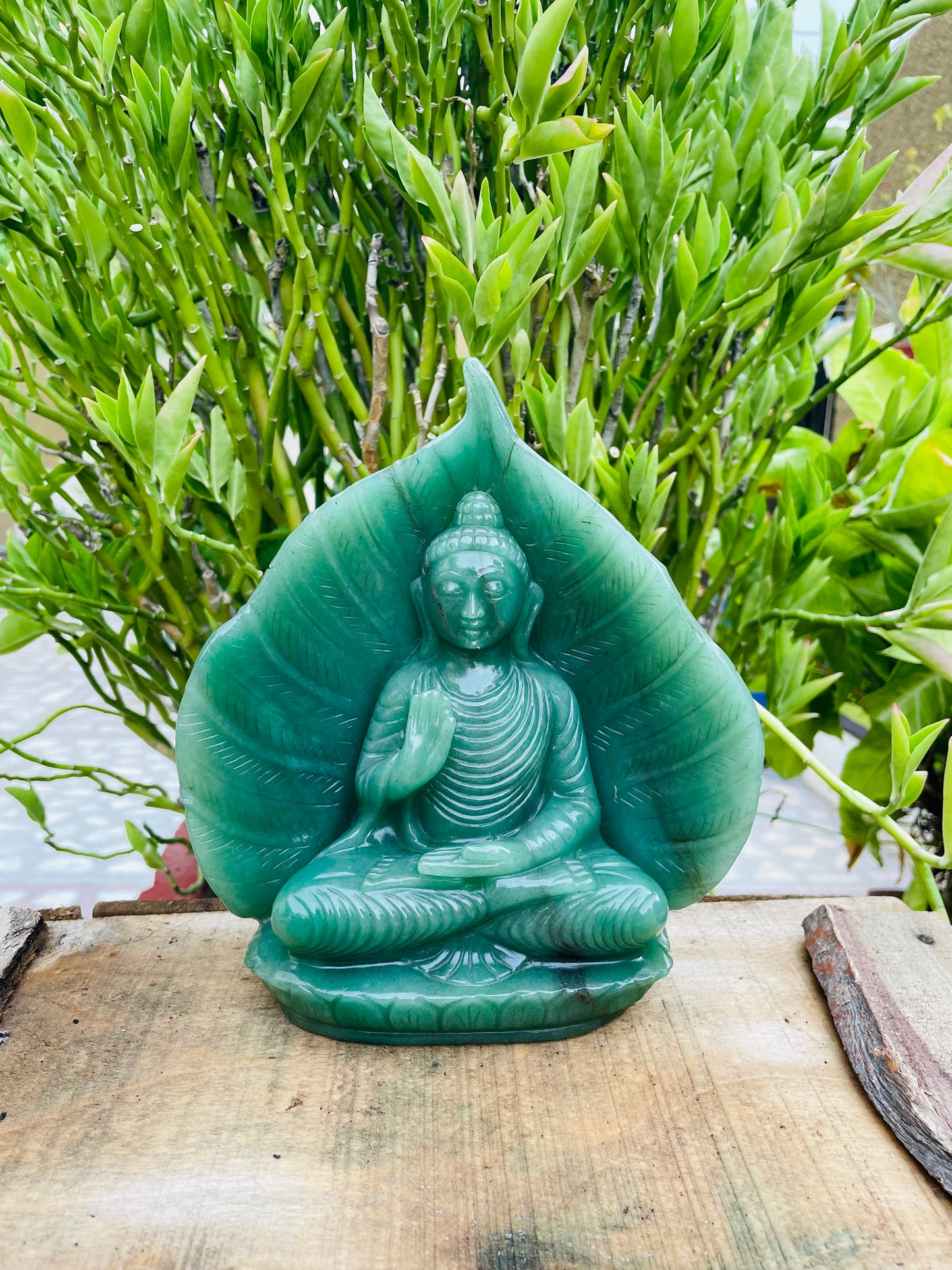 Green aventurine Buddha with leaf backdrop