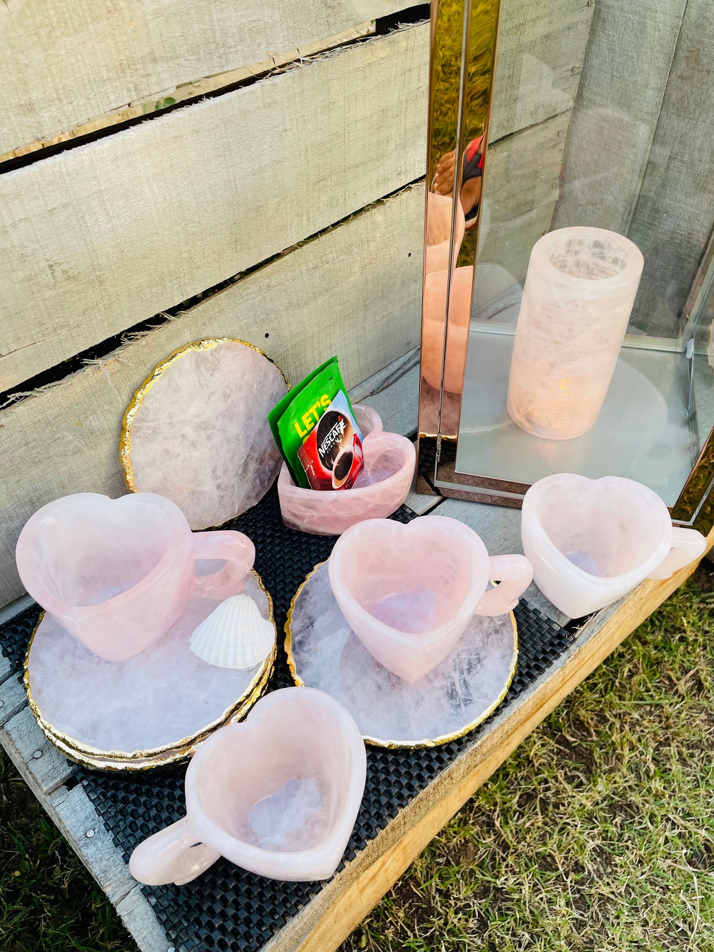 Rose quartz Heart shape cups and coasters