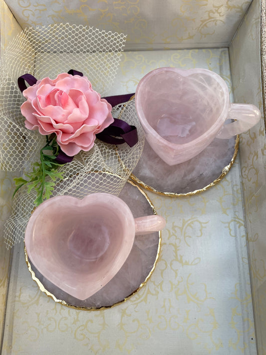 Rose quartz Heart shape cups and coasters