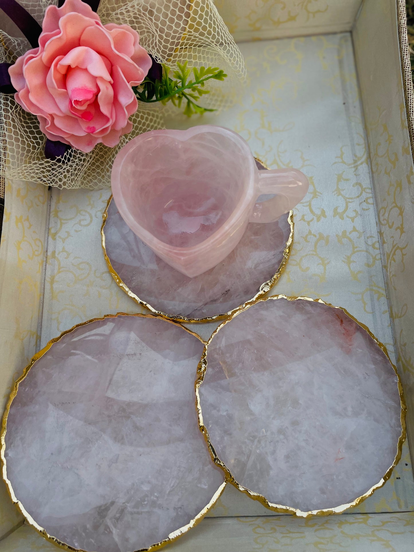 Rose quartz Heart shape cups and coasters