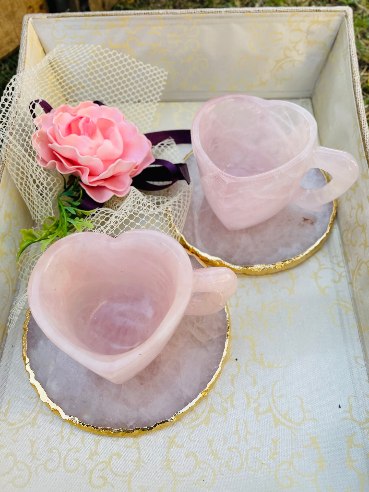 Rose quartz Heart shape cups and coasters